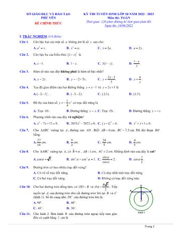 Đề thi tuyển sinh Lớp 10 THPT môn Toán - Năm học 2022-2023 - Sở GD và ĐT Phú Yên (Có đáp án)