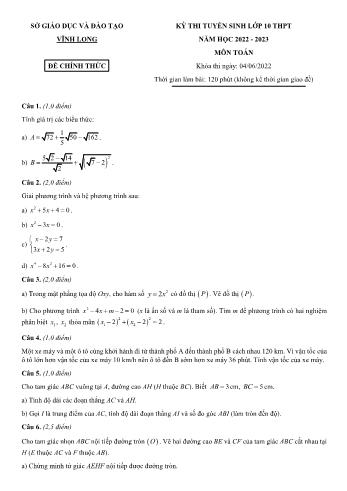 Đề thi tuyển sinh Lớp 10 THPT môn Toán - Năm học 2022-2023 - Sở GD và ĐT Vĩnh Long