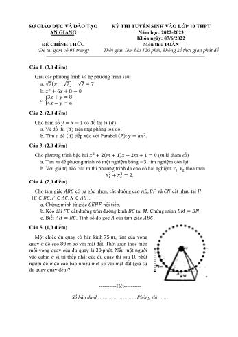 Đề thi tuyển sinh Lớp 10 THPT môn Toán - Năm học 2022-2023 - Sở GD và ĐT An Giang (Có đáp án)