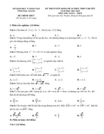 Đề thi tuyển sinh Lớp 10 THPT, THPT chuyên môn Toán - Năm học 2021-2022 - Sở GD và ĐT Hậu Giang (Có đáp án)