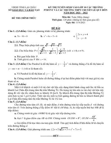 Đề thi tuyển sinh vào Lớp 10 các trường PTDTNT và các trường THPT chuyên Lê Quý Đôn môn Toán - Năm học 2021-2022 - Sở GD và ĐT Lai Châu (Có đáp án)