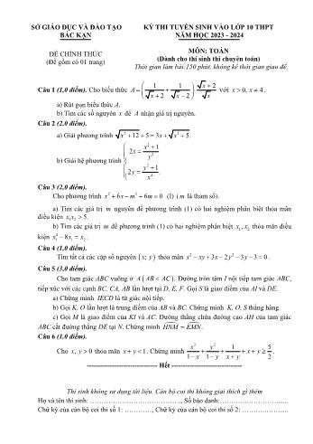 Đề thi tuyển sinh vào Lớp 10 môn Toán - Dành cho thí sinh chuyên Toán - Năm học 2023-2024 - Sở Giáo dục và Đào tạo Bắc Kạn (Có đáp án)