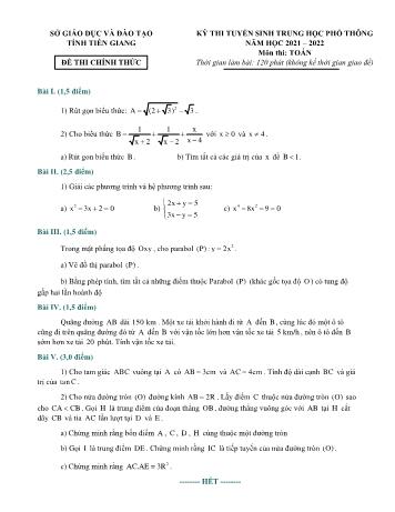 Đề thi tuyển sinh vào Lớp 10 môn Toán - Năm học 2021-2022 - Sở GD và ĐT Tiền Giang (Có đáp án)