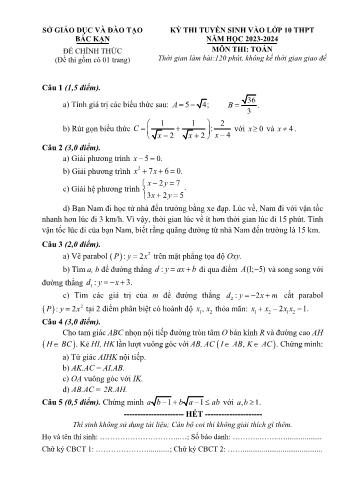 Đề thi tuyển sinh vào Lớp 10 môn Toán - Năm học 2023-2024 - Sở Giáo dục và Đào tạo Bắc Kạn (Có đáp án)