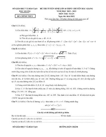 Đề thi tuyển sinh vào Lớp 10 THPT chuyên Bắc Giang môn Toán - Năm học 2022-2023 - Sở GD và ĐT Bắc Giang (Có đáp án)