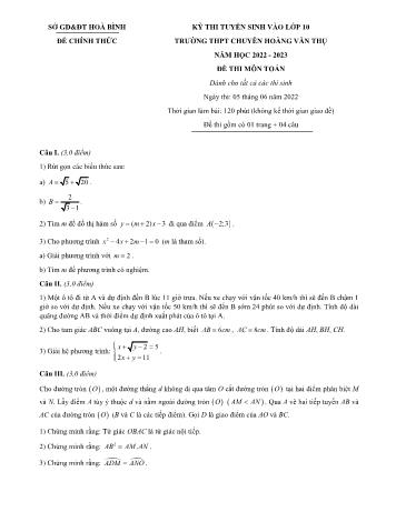 Đề thi tuyển sinh vào Lớp 10 THPT chuyên Hoàng Văn Thụ môn Toán - Năm học 2022-2023 - Sở GD và ĐT Hòa Bình