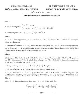 Đề thi tuyển sinh vào Lớp 10 THPT chuyên KHTN môn Toán năm 2020 - Vòng 2 - Đại học Khoa học Tự nhiên (Có đáp án)