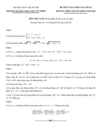 Đề thi tuyển sinh vào Lớp 10 THPT chuyên KHTN môn Toán năm 2020 - Đại học Quốc gia Hà Nội (Có đáp án)