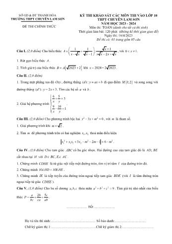 Đề thi tuyển sinh vào Lớp 10 THPT chuyên Lam Sơn môn Toán - Dành cho tất cả thí sinh - Năm học 2023-2024 - Sở Giáo dục và Đào tạo Thanh Hóa (Có đáp án)