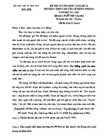 Đề thi tuyển sinh vào Lớp 10 THPT chuyên Lê Hồng Phong môn Ngữ văn - Năm học 2021-2022 - Sở GD và ĐT Nam Định (Có đáp án)