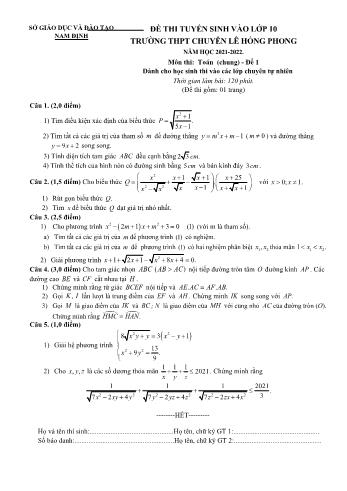 Đề thi tuyển sinh vào Lớp 10 THPT chuyên Lê Hồng Phong môn Toán - Đề 1 - Năm học 2021-2022 - Sở GD và ĐT Nam Định (Có đáp án)