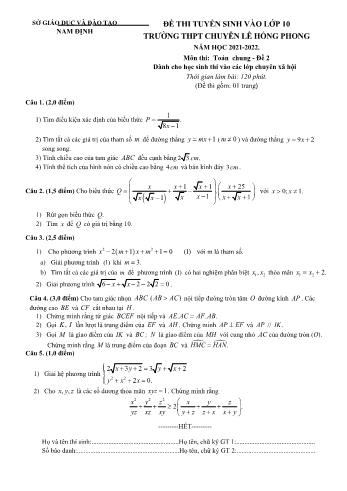 Đề thi tuyển sinh vào Lớp 10 THPT chuyên Lê Hồng Phong môn Toán - Đề 2 - Năm học 2021-2022 - Sở GD và ĐT Nam Định (Có đáp án)