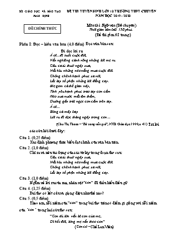 Đề thi tuyển sinh vào Lớp 10 THPT chuyên môn Ngữ văn - Năm học 2019-2020 - Sở GD và ĐT Nam Định (Có đáp án)