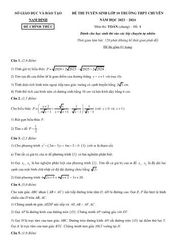 Đề thi tuyển sinh vào Lớp 10 THPT chuyên môn Toán (Dành cho lớp chuyên Tự nhiên) - Đề 1 - Năm học 2023-2024 - Sở Giáo dục và Đào tạo Nam Định (Có đáp án)