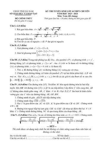 Đề thi tuyển sinh vào Lớp 10 THPT chuyên môn Toán - Đề chung - Năm học 2023-2024 - Sở Giáo dục và Đào tạo Hà Nam (Có đáp án)
