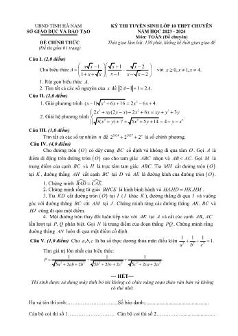 Đề thi tuyển sinh vào Lớp 10 THPT chuyên môn Toán (Đề chuyên) - Năm học 2023-2024 - Sở Giáo dục và Đào tạo Hà Nam (Có đáp án)