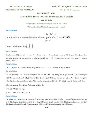 Đề thi tuyển sinh vào Lớp 10 THPT chuyên môn Toán năm 2020 - Đại học Sư phạm Hà Nội (Có đáp án)