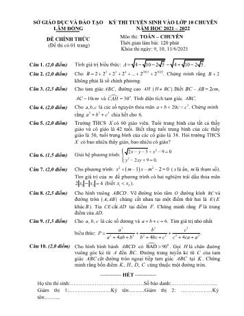 Đề thi tuyển sinh vào Lớp 10 THPT chuyên môn Toán - Năm học 2021-2022 - Sở Giáo dục và Đào tạo Lâm Đồng (Có đáp án)