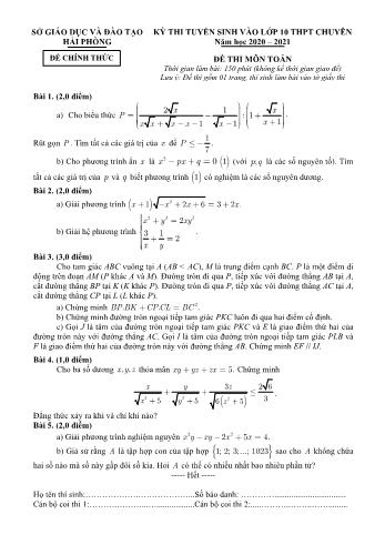 Đề thi tuyển sinh vào Lớp 10 THPT chuyên môn Toán - Năm học 2020-2021 - Sở GD và ĐT Hải Phòng (Có đáp án)