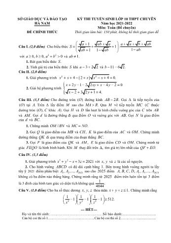 Đề thi tuyển sinh vào Lớp 10 THPT chuyên môn Toán - Năm học 2021-2022 - Sở GD và ĐT Hà Nam (Có đáp án)