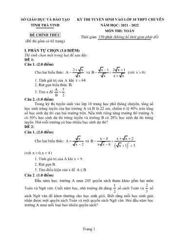 Đề thi tuyển sinh vào Lớp 10 THPT chuyên môn Toán - Năm học 2021-2022 - Sở GD và ĐT Trà Vinh (Có đáp án)