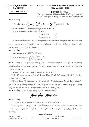 Đề thi tuyển sinh vào Lớp 10 THPT chuyên môn Toán - Năm học 2021-2022 - Sở GD và ĐT Hải Phòng (Có đáp án)