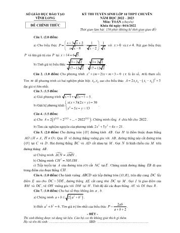 Đề thi tuyển sinh vào Lớp 10 THPT chuyên môn Toán - Năm học 2022-2023 - Sở GD và ĐT Vĩnh Long (Có đáp án)