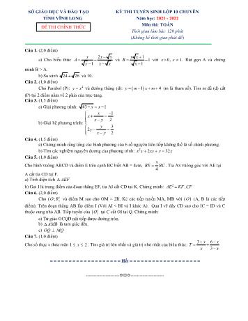 Đề thi tuyển sinh vào Lớp 10 THPT chuyên môn Toán - Năm học 2021-2022 - Sở GD và ĐT Vĩnh Long (Có đáp án)