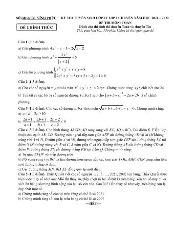 Đề thi tuyển sinh vào Lớp 10 THPT chuyên môn Toán - Năm học 2021-2022 - Sở GD và ĐT Vĩnh Phúc (Có đáp án)