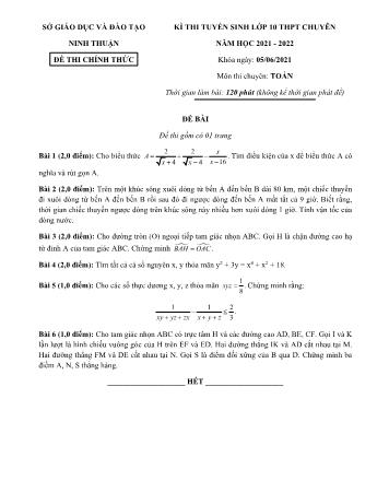 Đề thi tuyển sinh vào Lớp 10 THPT chuyên môn Toán - Năm học 2021-2022 - Sở GD và ĐT Ninh Thuận (Có đáp án)