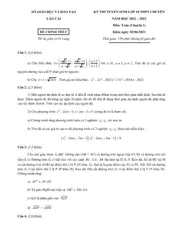 Đề thi tuyển sinh vào Lớp 10 THPT chuyên môn Toán - Năm học 2021-2022 - Sở GD và ĐT Lào Cai (Có đáp án)