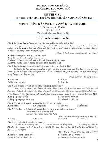 Đề thi tuyển sinh vào Lớp 10 THPT chuyên Ngoại ngữ môn Ngữ văn năm 2021 - Trường Đại học Ngoại ngữ - Đại học Quốc gia Hà Nội