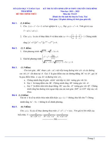 Đề thi tuyển sinh vào Lớp 10 THPT chuyên Thái Bình môn Toán (Chuyên Toán, Tin) - Năm học 2021-2022 - Sở GD và ĐT Thái Bình (Có đáp án)