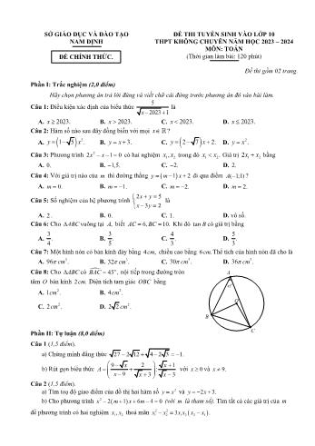 Đề thi tuyển sinh vào Lớp 10 THPT không chuyên môn Toán - Năm học 2023-2024 - Sở Giáo dục và Đào tạo Nam Định (Có đáp án)
