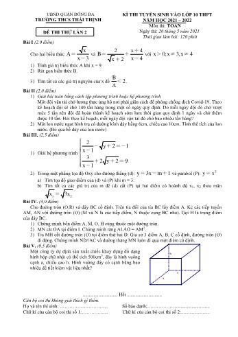 Đề thi tuyển sinh vào Lớp 10 THPT lần 2 môn Toán - Năm học 2021-2022 - Trường THCS Thái Thịnh (Có đáp án)