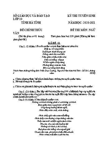 Đề thi tuyển sinh vào Lớp 10 THPT môn Ngữ văn - Mã đề 01 - Năm học 2020-2021 - Sở GD và ĐT Hà Tĩnh (Có đáp án)