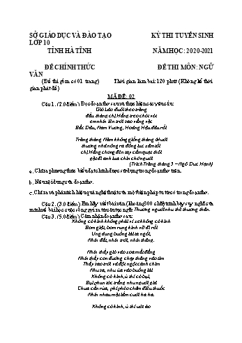 Đề thi tuyển sinh vào Lớp 10 THPT môn Ngữ văn - Mã đề 02 - Năm học 2020-2021 - Sở GD và ĐT Hà Tĩnh (Có đáp án)