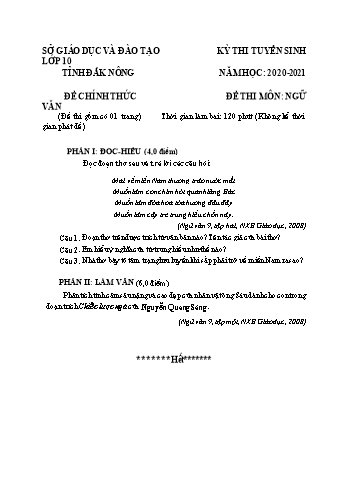 Đề thi tuyển sinh vào Lớp 10 THPT môn Ngữ văn - Năm học 2020-2021 - Sở GD và ĐT Đắk Nông (Có đáp án)