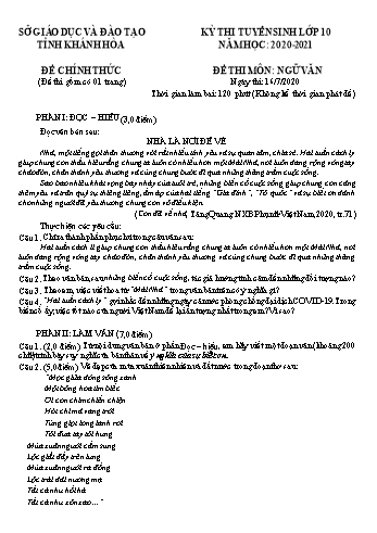 Đề thi tuyển sinh vào Lớp 10 THPT môn Ngữ văn - Năm học 2020-2021 - Sở GD và ĐT Khánh Hòa (Có đáp án)