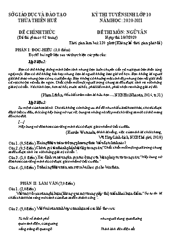 Đề thi tuyển sinh vào Lớp 10 THPT môn Ngữ văn - Năm học 2020-2021 - Sở GD và ĐT Thừa Thiên Huế (Có đáp án)