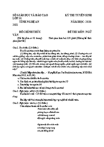 Đề thi tuyển sinh vào Lớp 10 THPT môn Ngữ văn - Năm học 2020-2021 - Sở GD và ĐT Nghệ An (Có đáp án