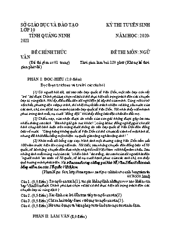 Đề thi tuyển sinh vào Lớp 10 THPT môn Ngữ văn - Năm học 2020-2021 - Sở GD và ĐT Quảng Ninh (Có đáp án)
