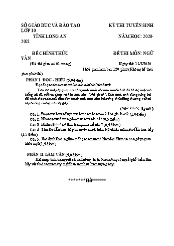 Đề thi tuyển sinh vào Lớp 10 THPT môn Ngữ văn - Năm học 2020-2021 - Sở GD và ĐT Long An (Có đáp án)