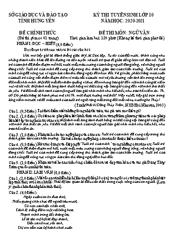 Đề thi tuyển sinh vào Lớp 10 THPT môn Ngữ văn - Năm học 2020-2021 - Sở GD và ĐT Hưng Yên (Có đáp án)