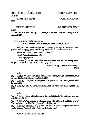 Đề thi tuyển sinh vào Lớp 10 THPT môn Ngữ văn - Năm học 2020-2021 - Sở GD và ĐT Trà Vinh (Có đáp án)