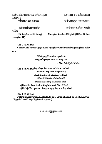 Đề thi tuyển sinh vào Lớp 10 THPT môn Ngữ văn - Năm học 2020-2021 - Sở GD và ĐT Cao Bằng (Có đáp án)
