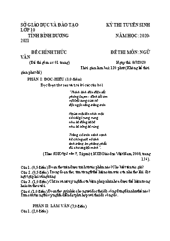 Đề thi tuyển sinh vào Lớp 10 THPT môn Ngữ văn - Năm học 2020-2021 - Sở GD và ĐT Bình Dương (Có đáp án)
