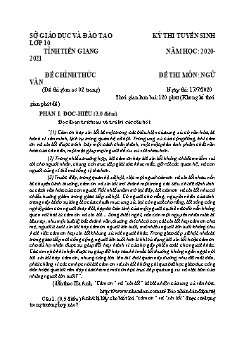 Đề thi tuyển sinh vào Lớp 10 THPT môn Ngữ văn - Năm học 2020-2021 - Sở GD và ĐT Tiền Giang (Có đáp án)