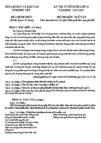 Đề thi tuyển sinh vào Lớp 10 THPT môn Ngữ văn - Năm học 2020-2021 - Sở GD và ĐT Phú Yên (Có đáp án)