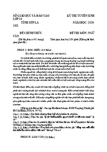 Đề thi tuyển sinh vào Lớp 10 THPT môn Ngữ văn - Năm học 2020-2021 - Sở GD và ĐT Sơn La (Có đáp án)